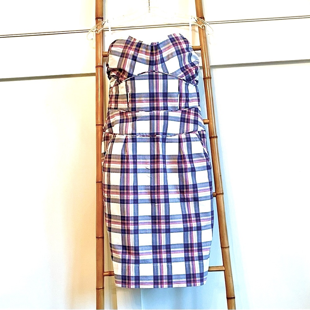MODA International Strapless Plaid Preppy Dress with Pockets Pink Blue  size 8